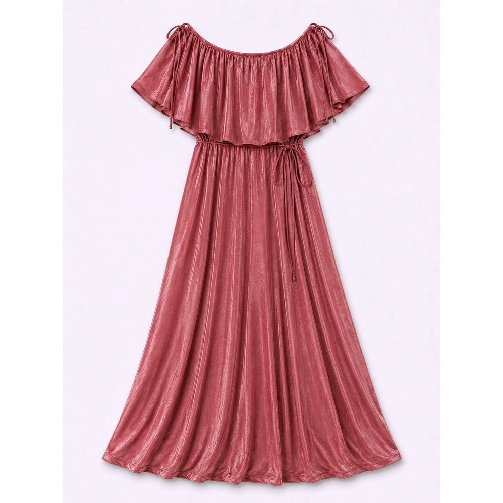 Vintage Hodgins Rose Pink Shimmer Ruffle Off Shoulder Maxi Gown Dress 12‎